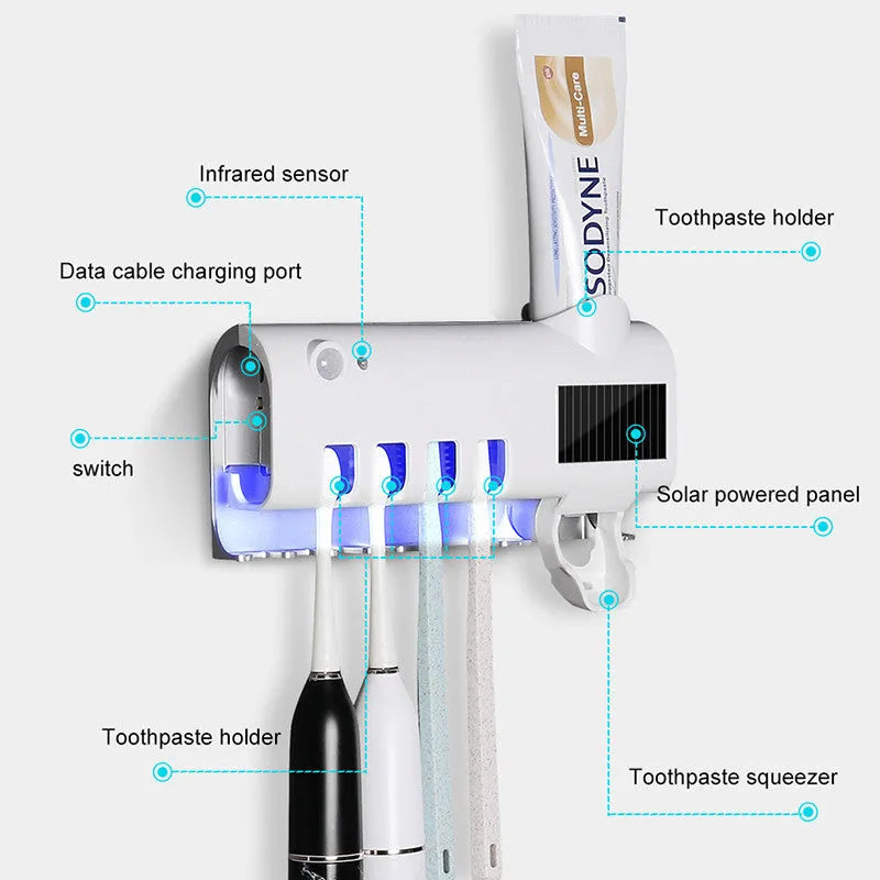 Intelligent UV toothbrush sterilizer with automatic toothpaste squeezer in black, wall-mounted