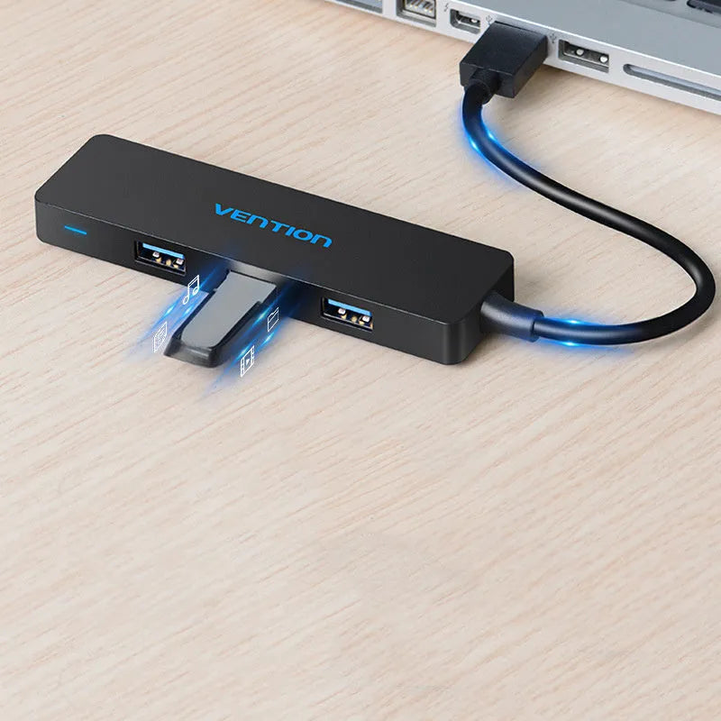 Black four-port USB 3.0 hub with 0.15 metre cable and nickel-plated interfaces