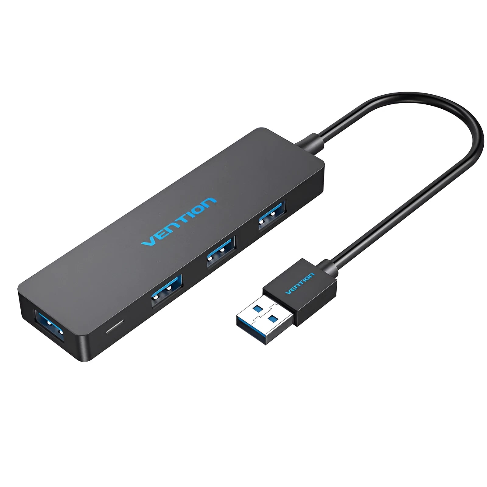 Black four-port USB 3.0 hub with 0.15 metre cable and nickel-plated interfaces