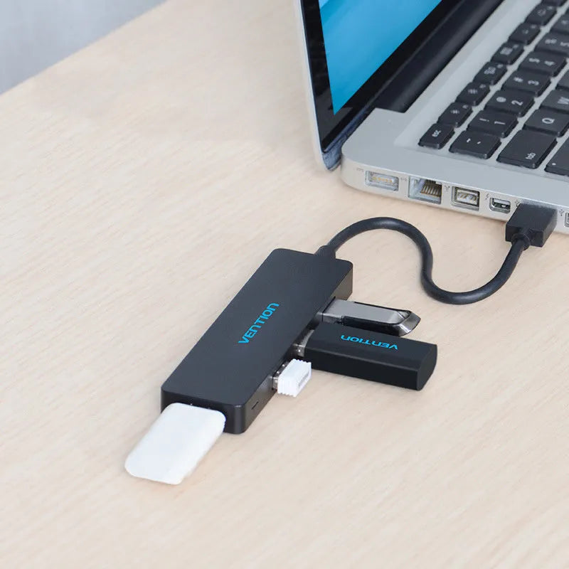 Black four-port USB 3.0 hub with 0.15 metre cable and nickel-plated interfaces