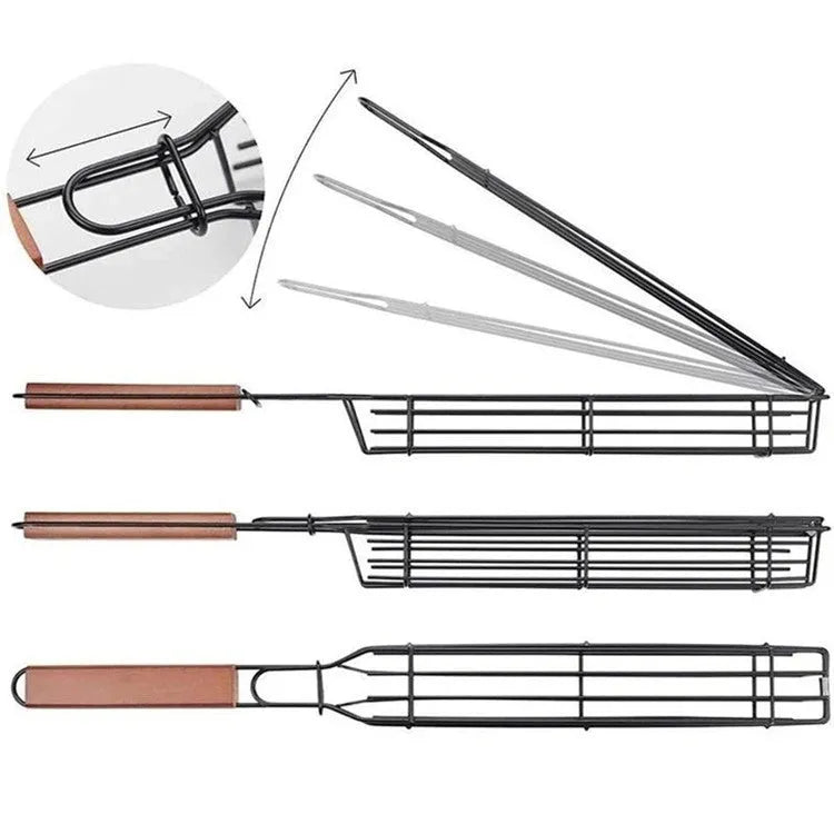 Burlywood 45cm barbecue basket with rotary lid and long wood handle on grill