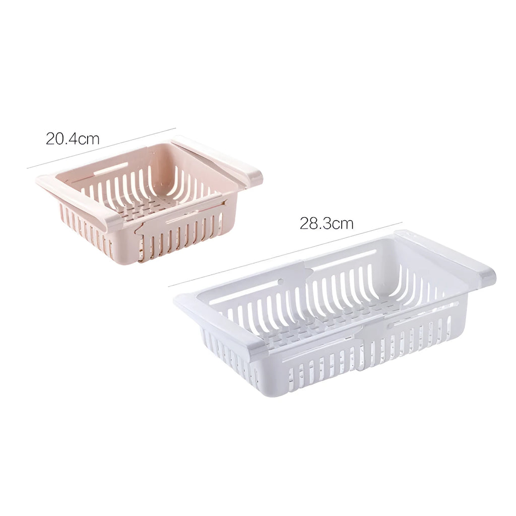 Plastic telescopic storage basket in white for refrigerator drawer organisation