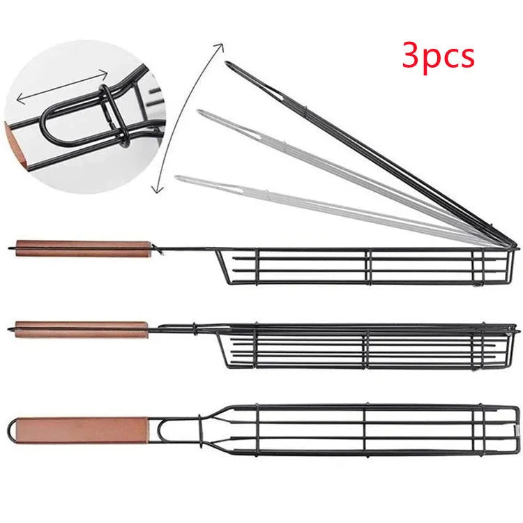 Burlywood 45cm barbecue basket with rotary lid and long wood handle on grill