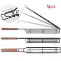 Burlywood 45cm barbecue basket with rotary lid and long wood handle on grill