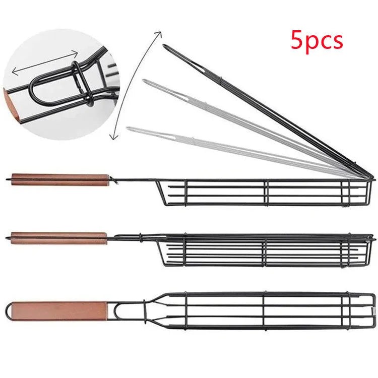 Burlywood 45cm barbecue basket with rotary lid and long wood handle on grill