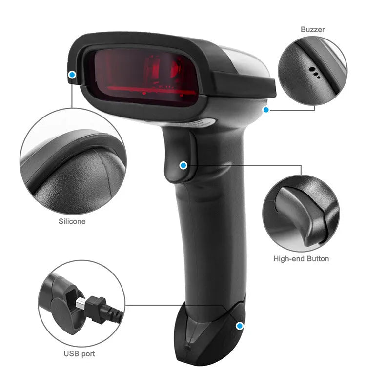 Wireless Laser Barcode Scanner 6900 in black handheld design with USB base