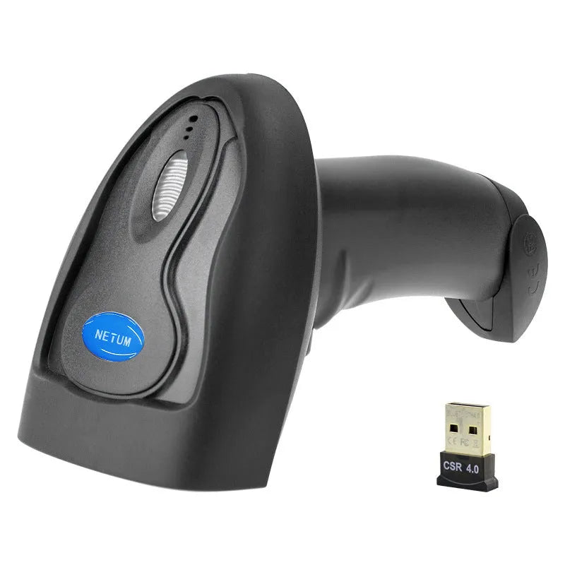 Wireless Laser Barcode Scanner 6900 in black handheld design with USB base