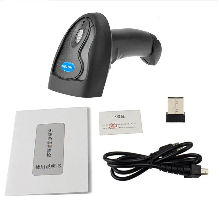 Wireless Laser Barcode Scanner 6900 in black handheld design with USB base