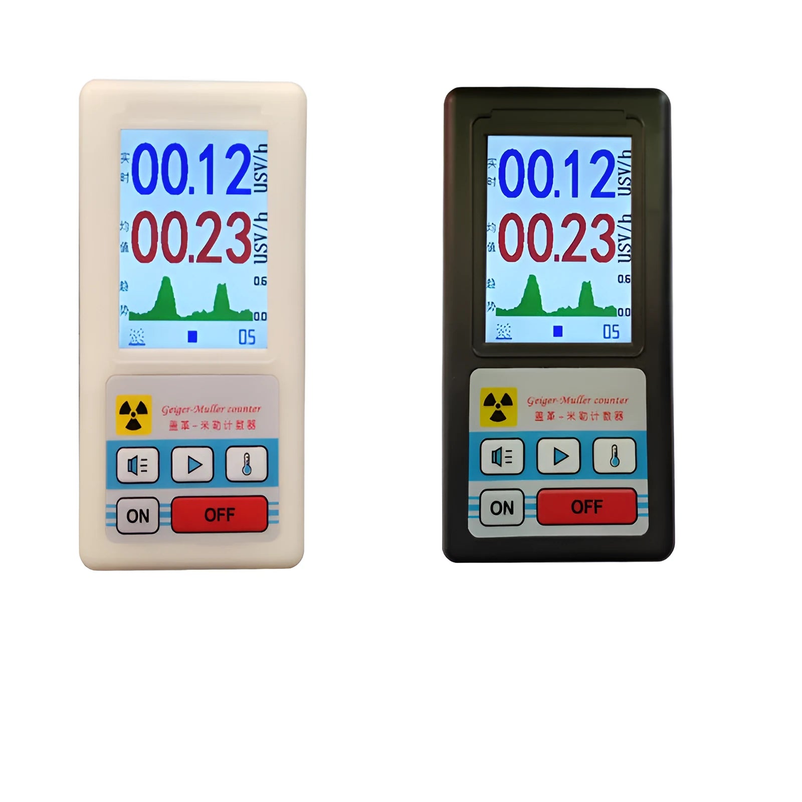 Nuclear radiation detector Geiger counter with GM tube in black colour showing display and buttons
