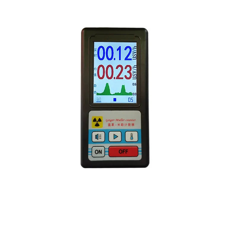 Nuclear radiation detector Geiger counter with GM tube in black colour showing display and buttons