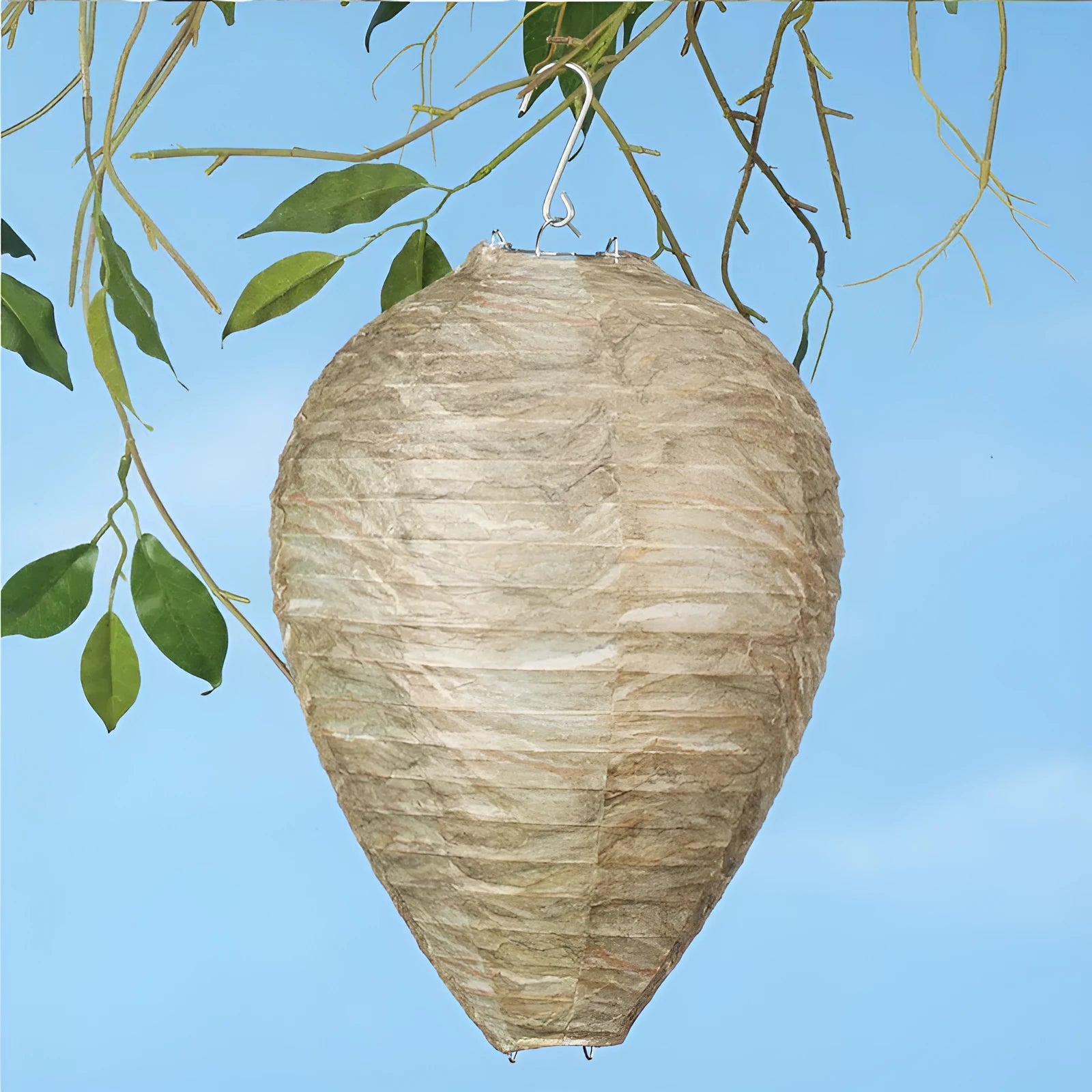 Hexagonal paper beehive lantern with wire frame, shown in photo colour.