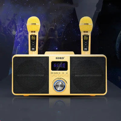Black Bluetooth speaker with two microphones for home KTV karaoke sessions