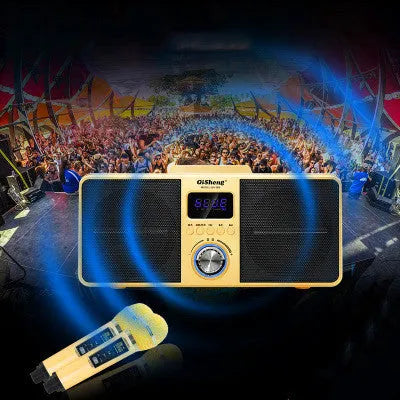 Black Bluetooth speaker with two microphones for home KTV karaoke sessions