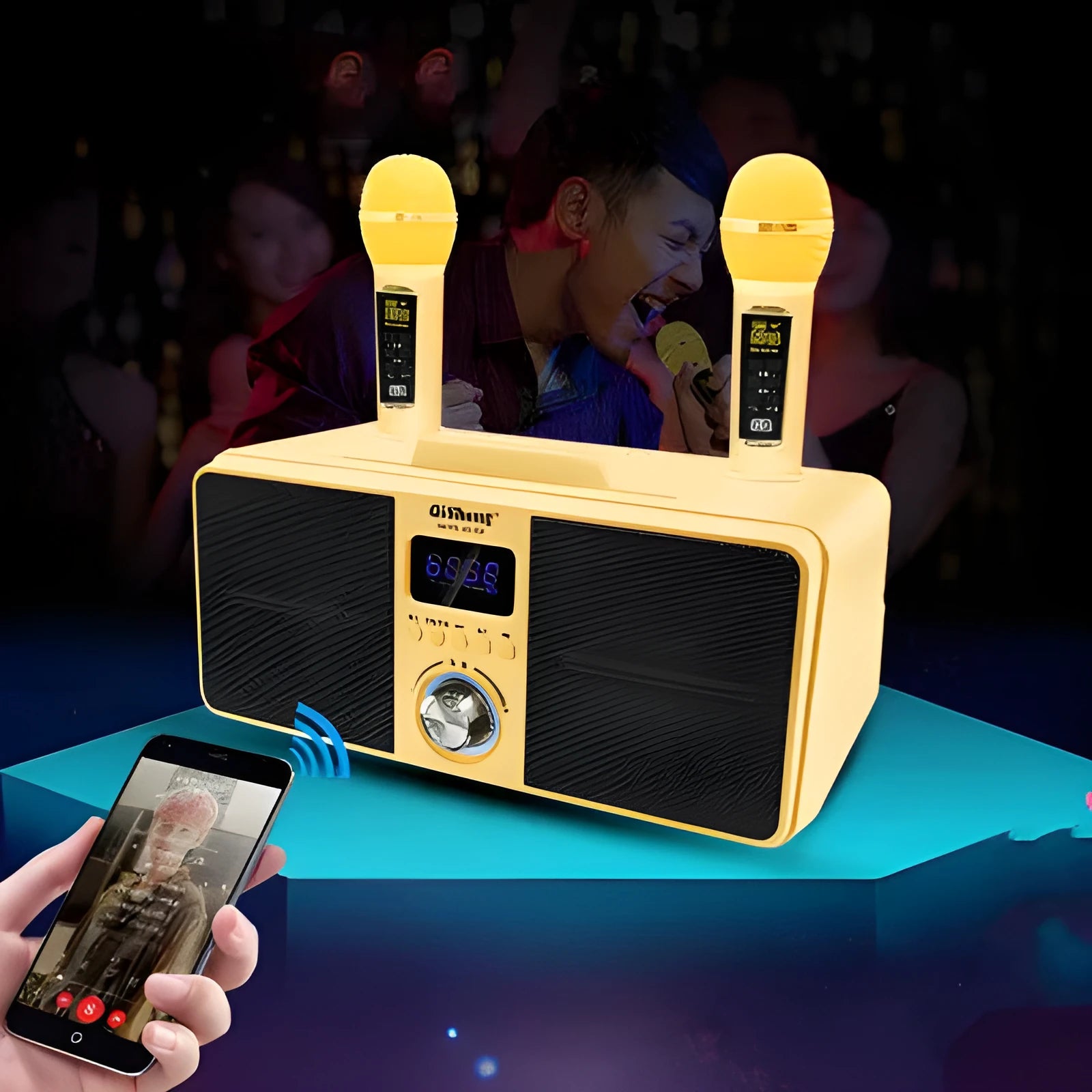 Black Bluetooth speaker with two microphones for home KTV karaoke sessions