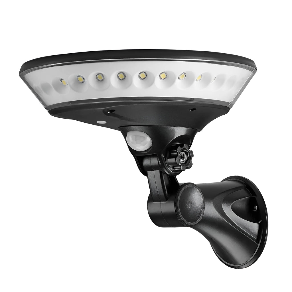 360 degree luminous solar-powered outdoor light with IP65 waterproof rating shown in a garden setting.