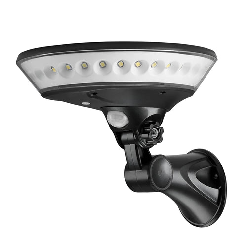 360 degree luminous solar-powered outdoor light with IP65 waterproof rating shown in a garden setting.