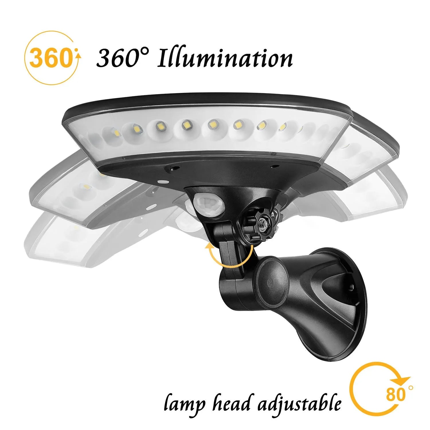 360 degree luminous solar-powered outdoor light with IP65 waterproof rating shown in a garden setting.