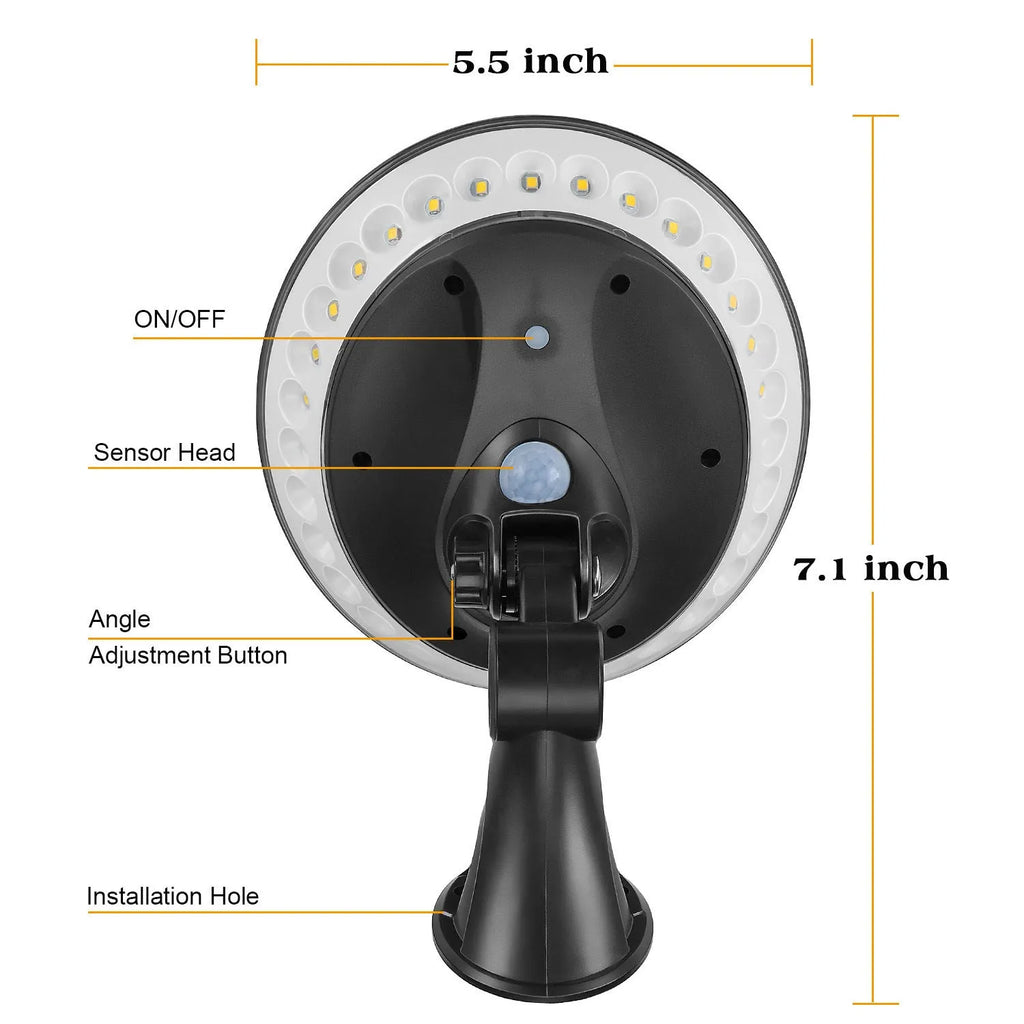 360 degree luminous solar-powered outdoor light with IP65 waterproof rating shown in a garden setting.