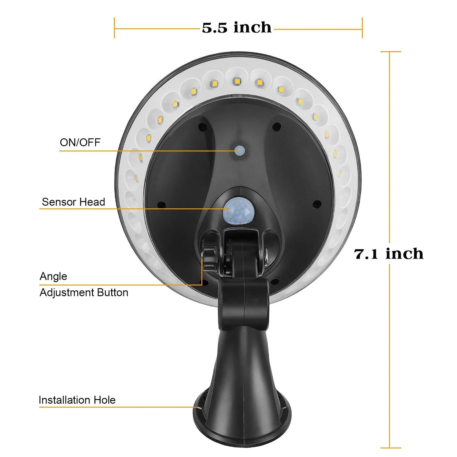 360 degree luminous solar-powered outdoor light with IP65 waterproof rating shown in a garden setting.