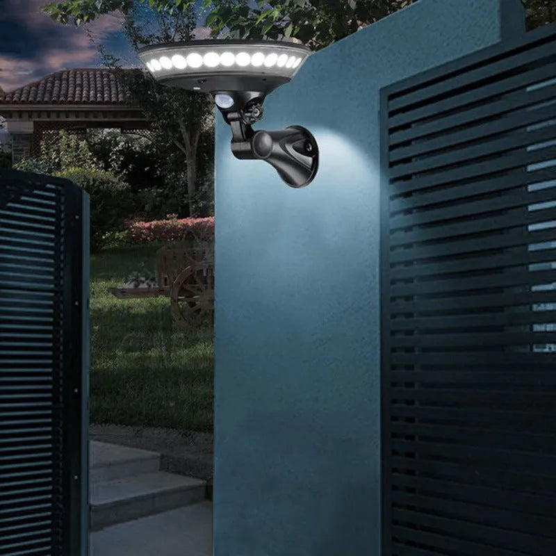 360 degree luminous solar-powered outdoor light with IP65 waterproof rating shown in a garden setting.