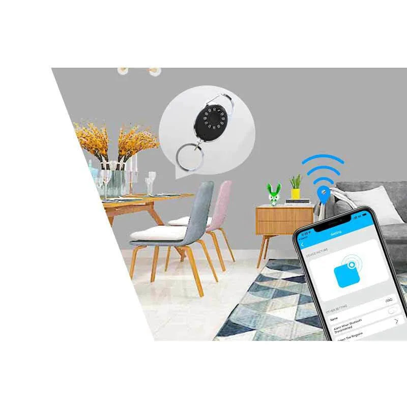 Black smart Bluetooth anti-lost device with selfie function, keychain design, compatible with Apple iPhone