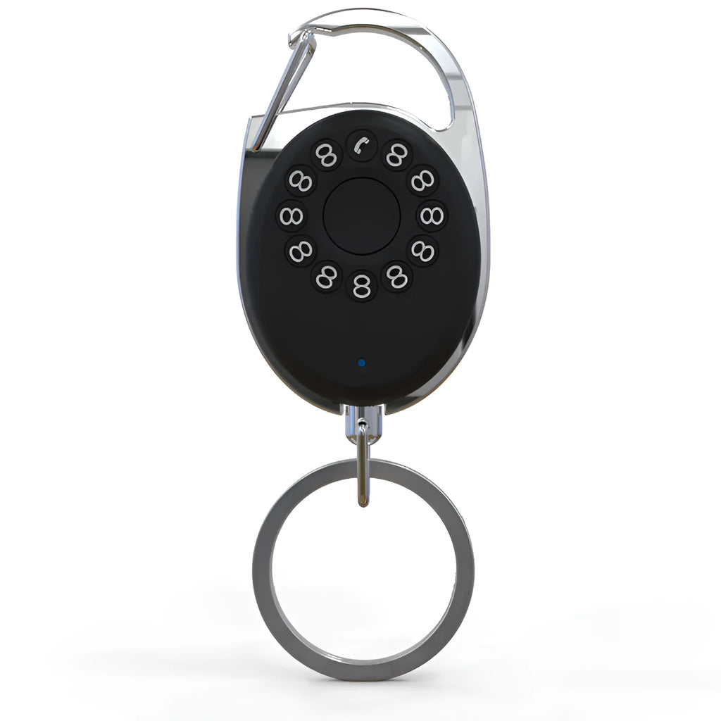 Black smart Bluetooth anti-lost device with selfie function, keychain design, compatible with Apple iPhone