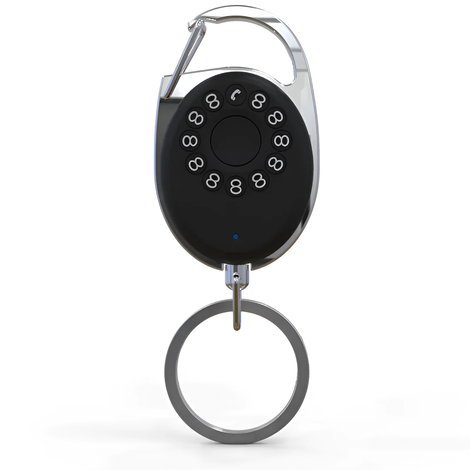 Black smart Bluetooth anti-lost device with selfie function, keychain design, compatible with Apple iPhone