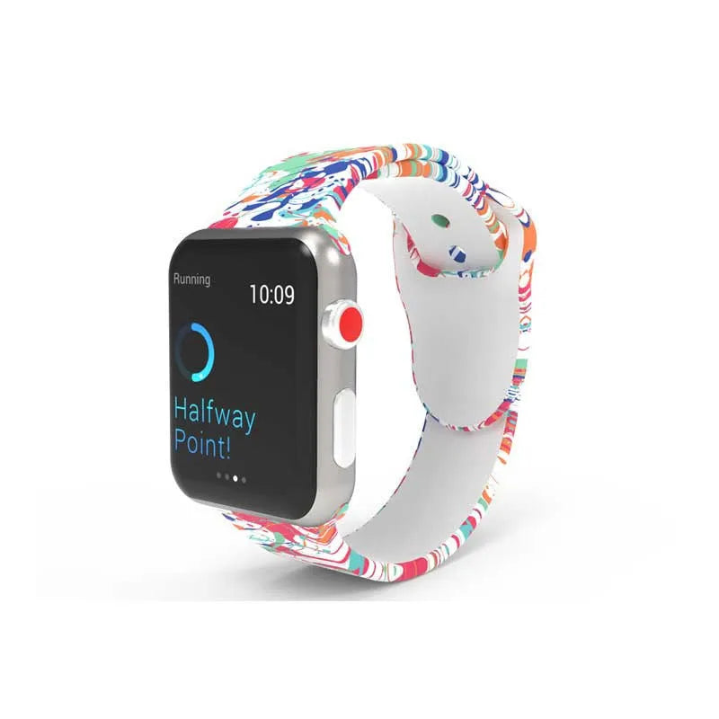 Silicone Apple Watch band with tie-dye pattern in multiple colours for 38/40mm and 42/44mm sizes