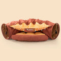 Collapsible pink cloth cat tunnel for small cats folded next to unfolded tunnel