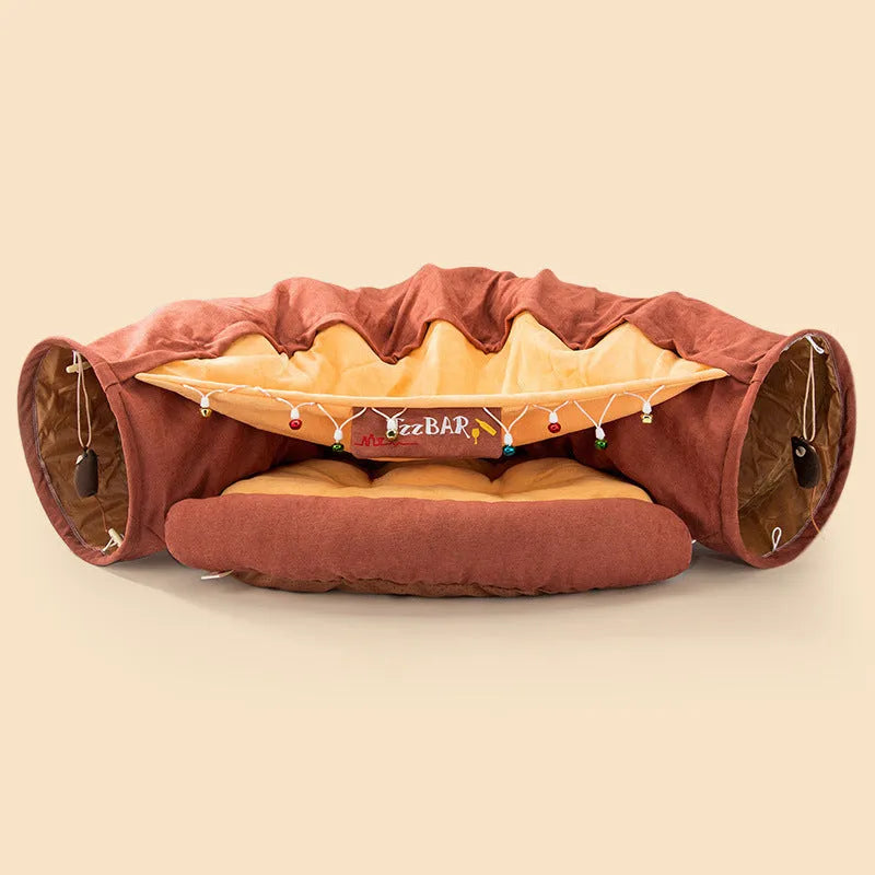 Collapsible pink cloth cat tunnel for small cats folded next to unfolded tunnel