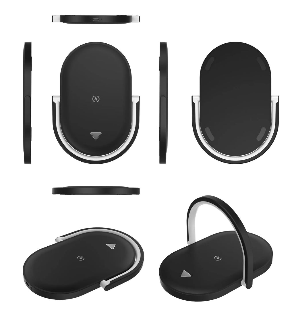 15W wireless charger with night light and phone holder in black on a desk