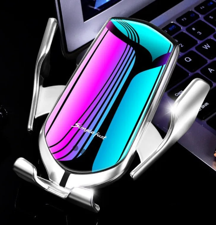 Magic Clip R1 automatic car mobile phone holder wireless charger in gold or silver mounted on dashboard