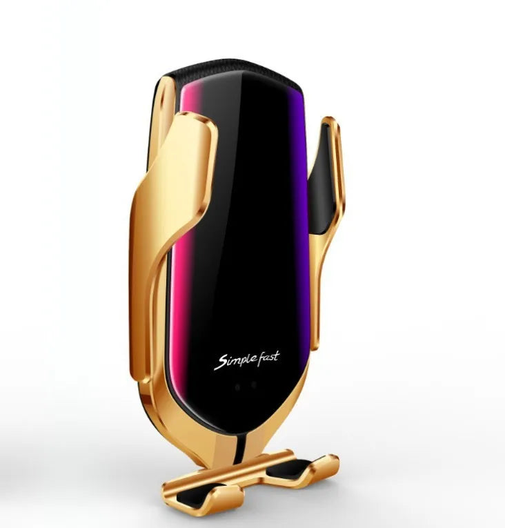 Magic Clip R1 automatic car mobile phone holder wireless charger in gold or silver mounted on dashboard