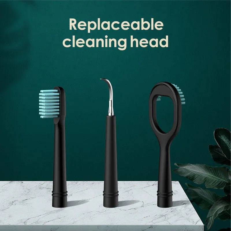 Black dental calculus household scaler with handle, storage tray, cleaning heads, and USB cable on white background