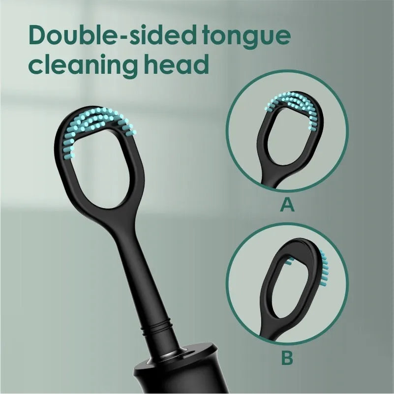 Black dental calculus household scaler with handle, storage tray, cleaning heads, and USB cable on white background