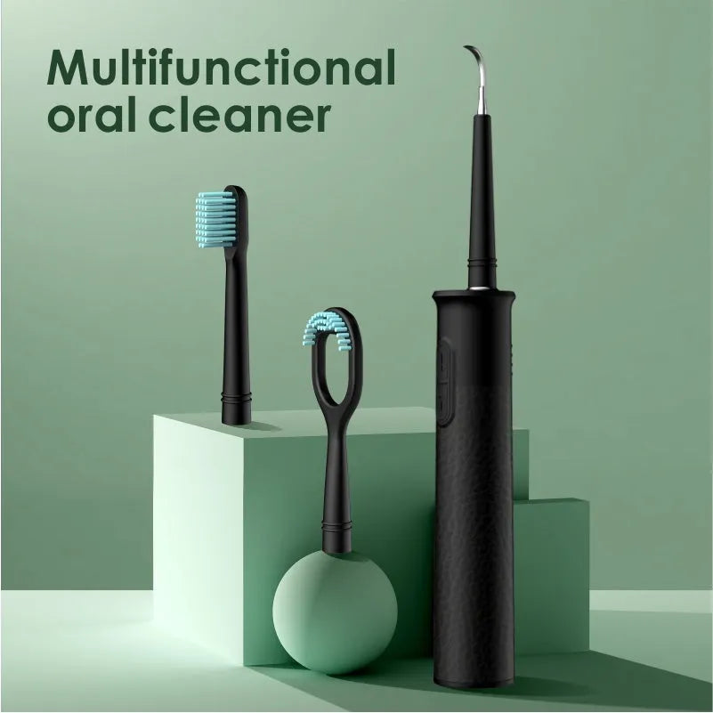 Black dental calculus household scaler with handle, storage tray, cleaning heads, and USB cable on white background