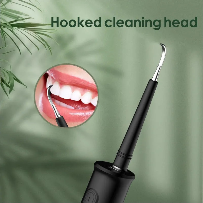 Black dental calculus household scaler with handle, storage tray, cleaning heads, and USB cable on white background