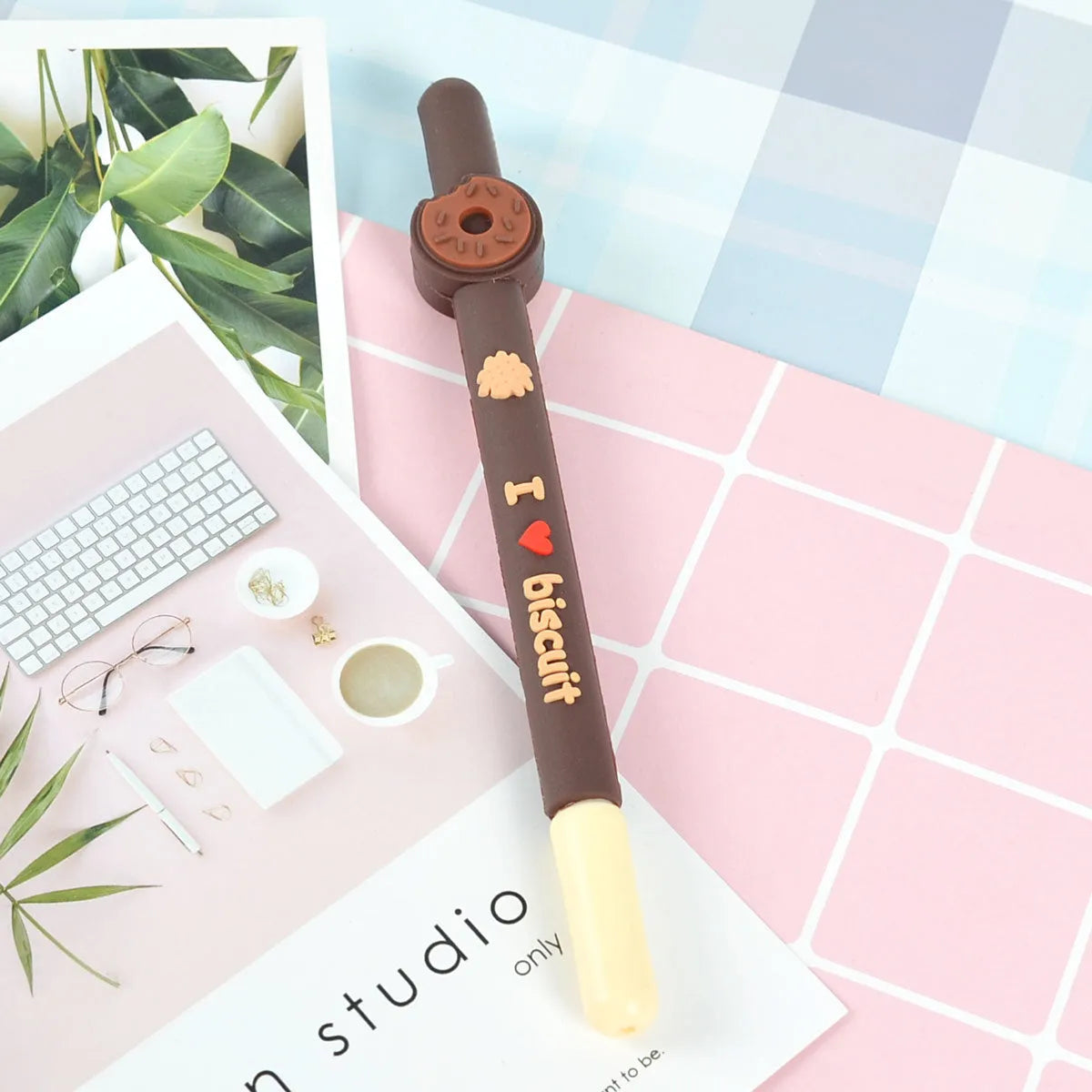 Set of five Korean soft gel chocolate scented needle tube gel pens with black ink, assorted chocolate-themed colours, plastic barrel, cap closure