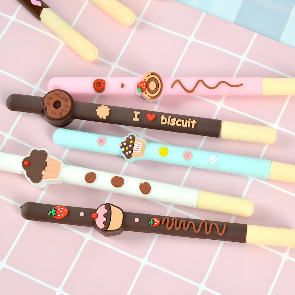 Set of five Korean soft gel chocolate scented needle tube gel pens with black ink, assorted chocolate-themed colours, plastic barrel, cap closure