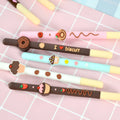 Set of five Korean soft gel chocolate scented needle tube gel pens with black ink, assorted chocolate-themed colours, plastic barrel, cap closure