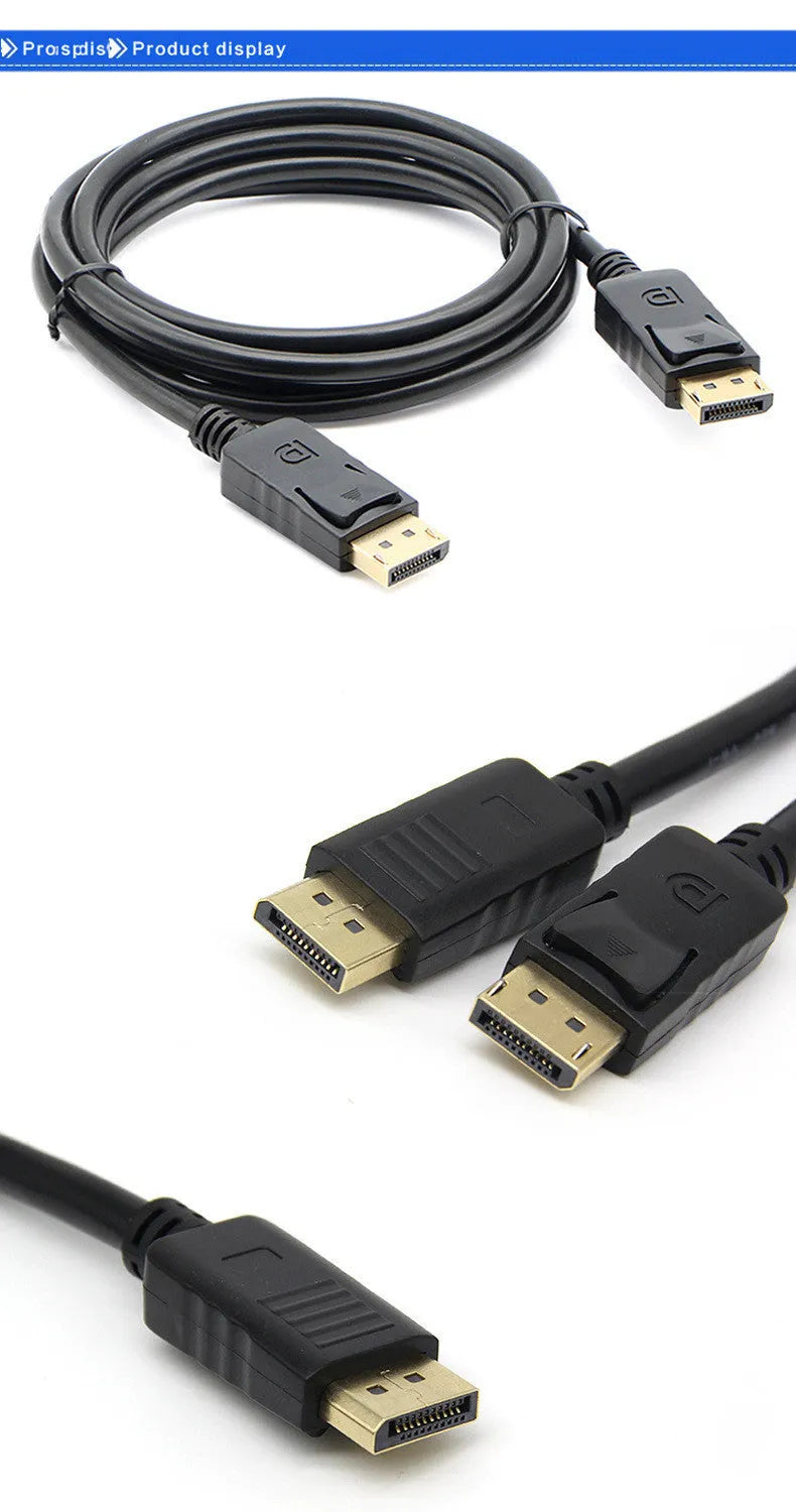 1.8m black DisplayPort DP male to DP male extension cable on white background