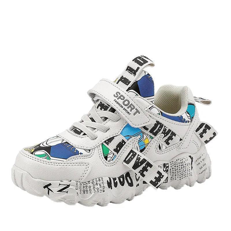 Kids blue and red sports sneakers with velcro fastening and rubber soles