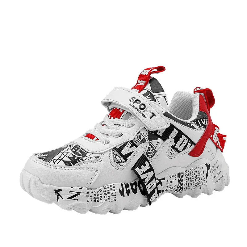 Kids blue and red sports sneakers with velcro fastening and rubber soles