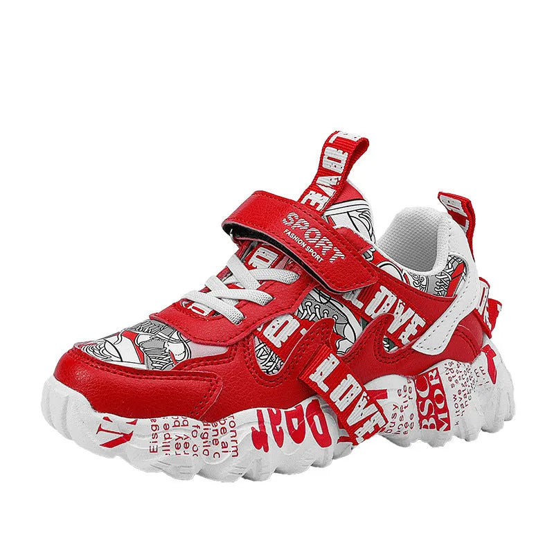 Kids blue and red sports sneakers with velcro fastening and rubber soles