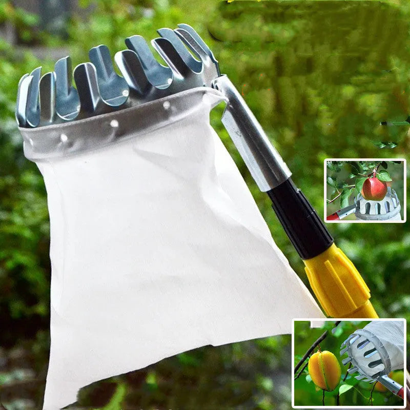 Portable steel frame fruit catcher with a large cloth collection bag for harvesting garden fruit.