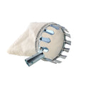 Portable steel frame fruit catcher with a large cloth collection bag for harvesting garden fruit.