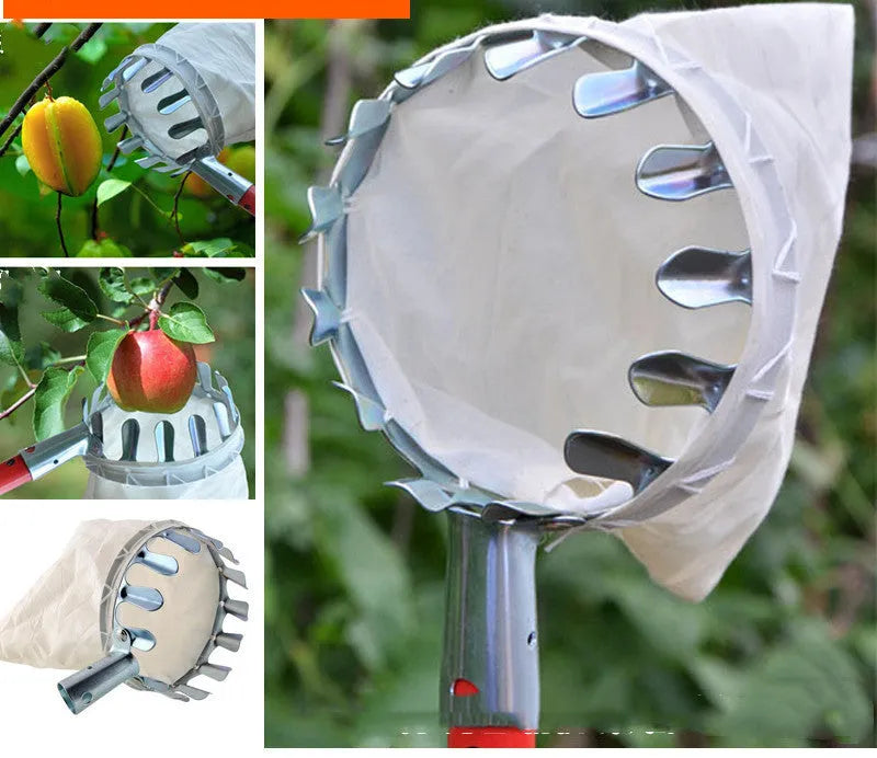 Portable steel frame fruit catcher with a large cloth collection bag for harvesting garden fruit.