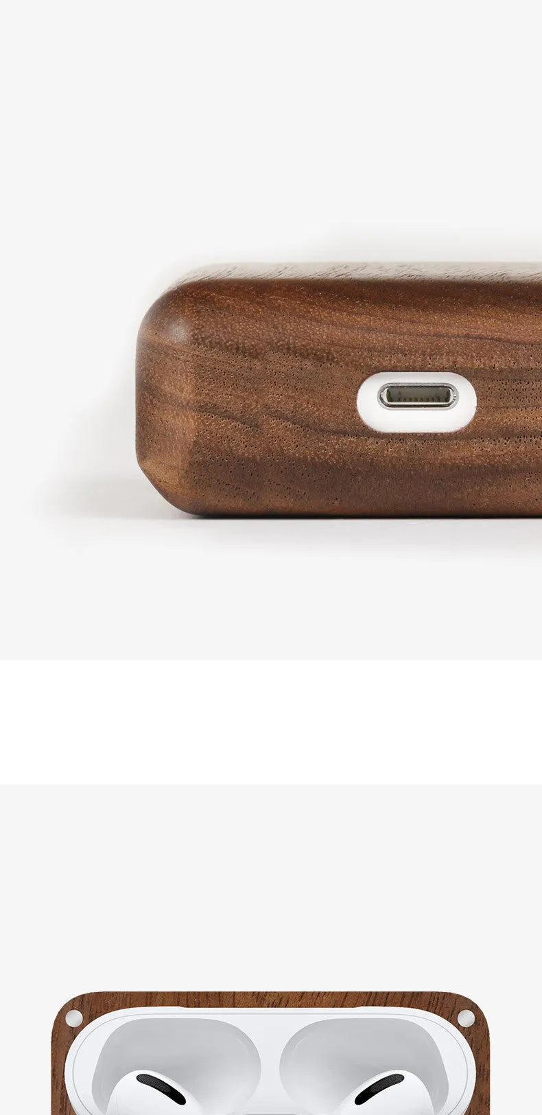 Solid wood earphone case and sleeve in various wood finishes, compatible with Bluetooth and Apple earphones