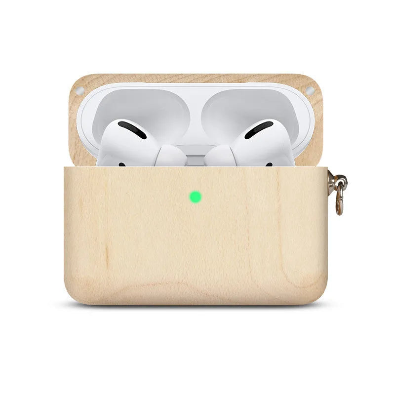 Solid wood earphone case and sleeve in various wood finishes, compatible with Bluetooth and Apple earphones
