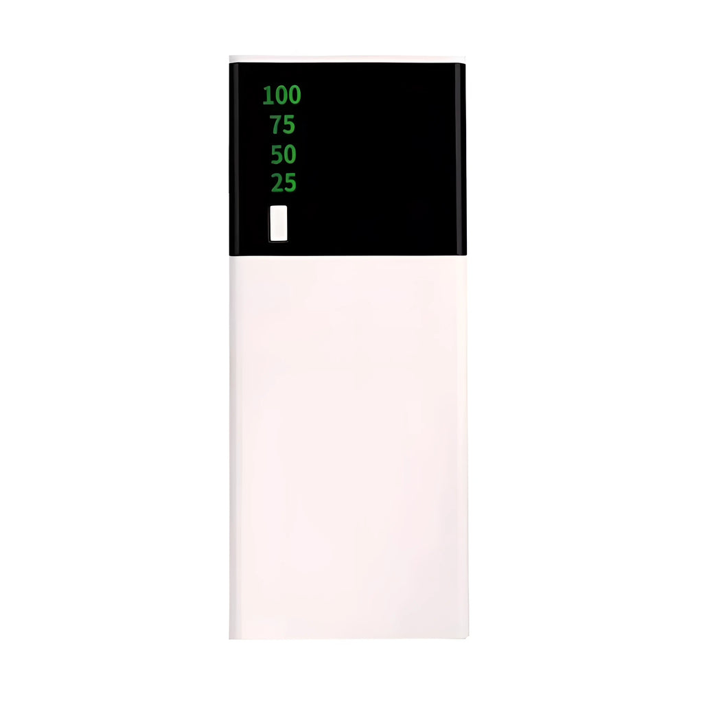 Black 20000mAh power bank with plastic casing showing dimensions of 135mm by 60mm by 20mm